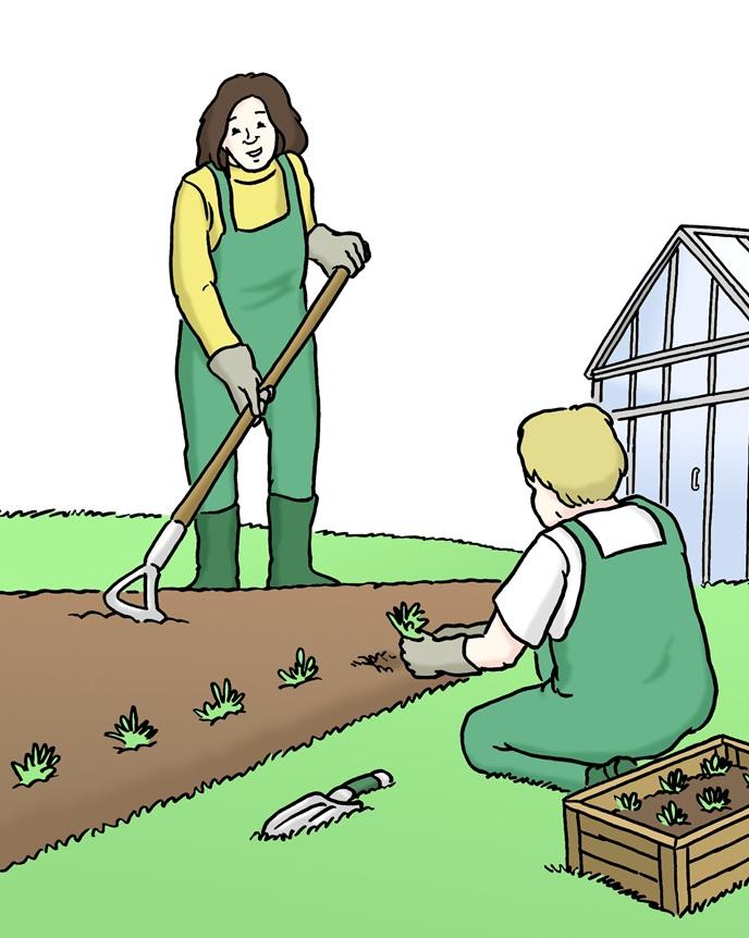 zwei Frauen arbeiten an einem Beet im Garten