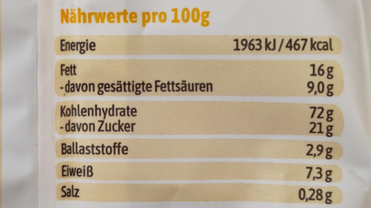 Nährwerttabelle mit der freiwilligen Angabe der Ballaststoffe