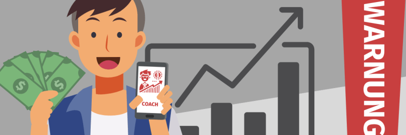 Ein Mensch mit Geld und einem Telefon in der Hand neben einem Ausrufezeichen mit dem Wort Warnung