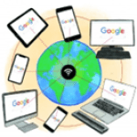 In der Mitte sieht man die Erdkugel, darum herum sind viele Laptops und Handys zu sehen, auf deren Bildschirm das Google-Logo sichtbar ist