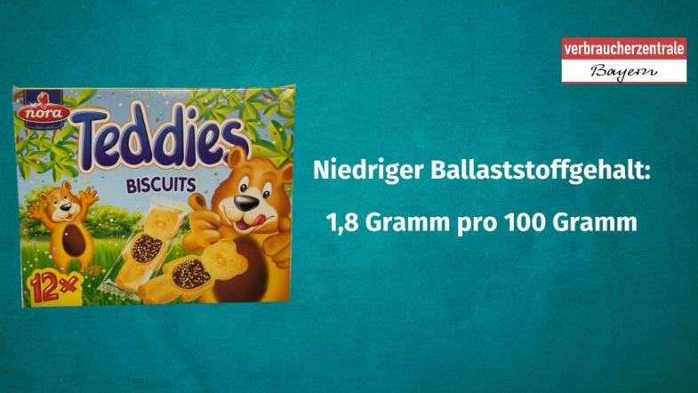 Produktfoto von Kinderkeksen mit der Angabe des Ballaststoffgehaltes