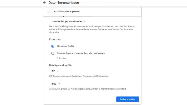 Screenshot der Datenanforderung bei Google