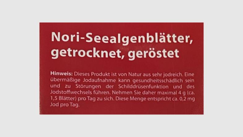 Warnhinweis auf einer Packung von Nori-Seealgenblättern