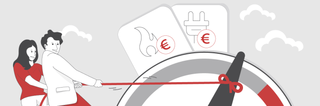 Zwei Menschen versuchen die steigende Gasanzeige zu blockieren.