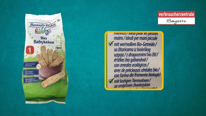 Produktfoto von Kinderkeksen mit hervorgehobenem Claim