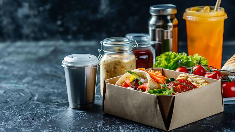 Ki generiertes Foto von Fladenbrot und Gemüse in Pappschachteln, daneben stehen verschiedene Behälter aus verschiedenen Materialien, die mit Getränken fegüllt sind. Hinter dem Karton steht ein Teller mit Tomaten und Salat..