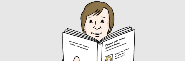 Eine Person hält ein Buch in der Hand und zeigt mit der rechten Hand Daumen hoch.