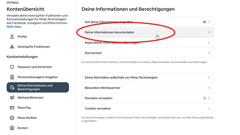 Screenshot der Datenanforderung bei Facebook