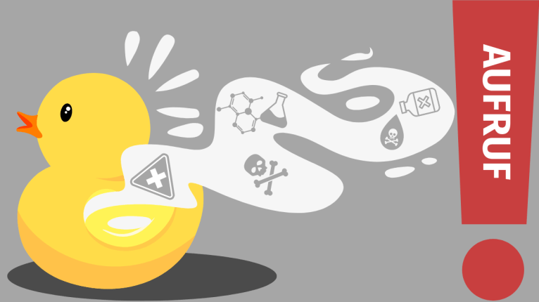 Auf der Grafik ist ein gelbes Quietscheentchen zu sehen, das sich nach links bewegt. Hinter ihm zieht sich eine giftige Schadstoffwolke entlang 