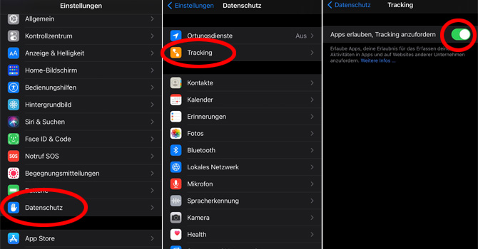 Screenshots Einstellungen zum App-Tracking auf iOS 14.5. Die Schritte werden im Text unter der Grafik beschrieben.