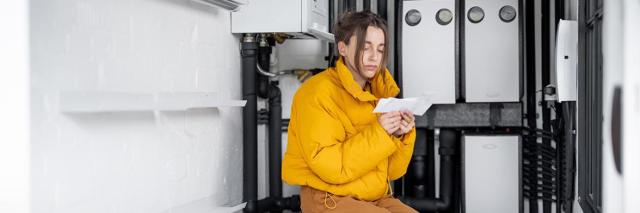 Frau sitzt in einem Heizungskeller und schaut entsetzt auf eine Rechnung