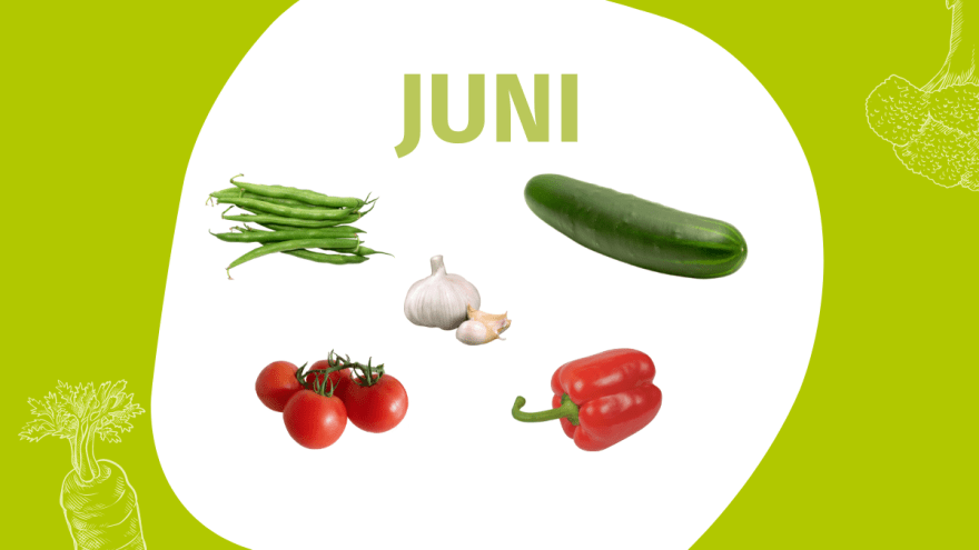 Schrift "Juni" und Fotos einiger Gemüsesorten