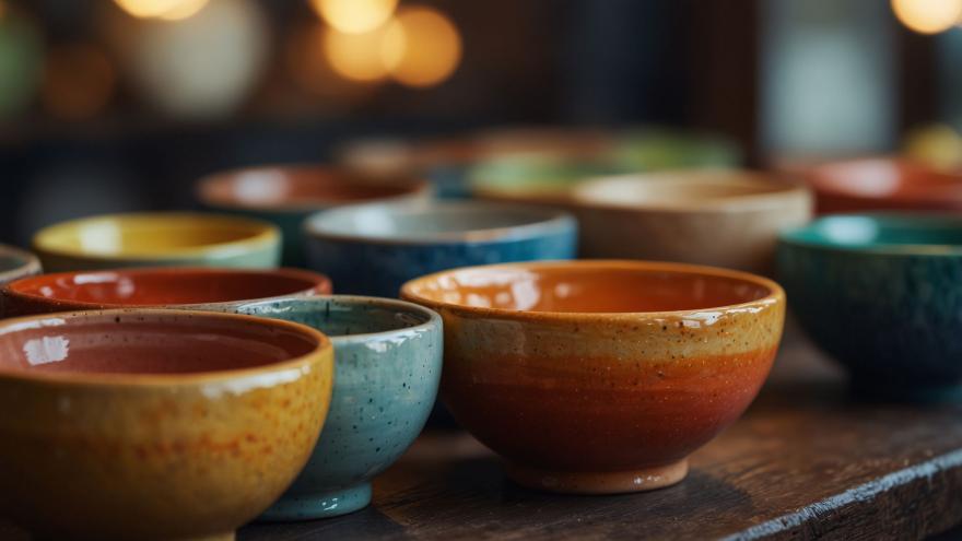 Verschiedene Keramikschalen mit bunten Glasuren.