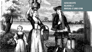 Kupferstich mit Frauen in historischen Gewändern